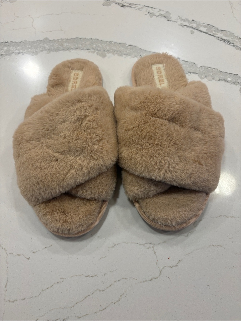 Sorel Women's Taupe Faux-Fur Crisscross Slide Slippers